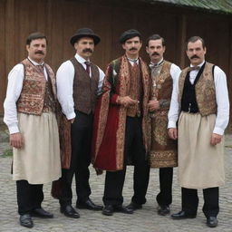 A group of people donned in traditional Serbian attire, complemented by gloves and full, well-groomed mustaches