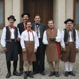 A group of people donned in traditional Serbian attire, complemented by gloves and full, well-groomed mustaches