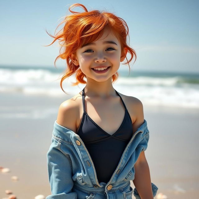 A cheerful 14-year-old Korean girl with vibrant red hair styled in playful waves, wearing a stylish One Piece swimsuit that is partially hidden under a pair of trendy jeans