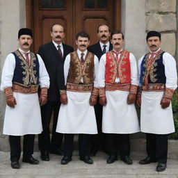 A group of people donned in traditional Serbian attire, complemented by gloves and full, well-groomed mustaches