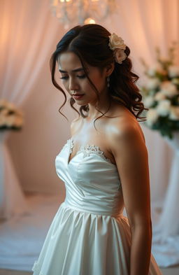 A beautiful, sad bride standing alone in a soft, dimly lit room