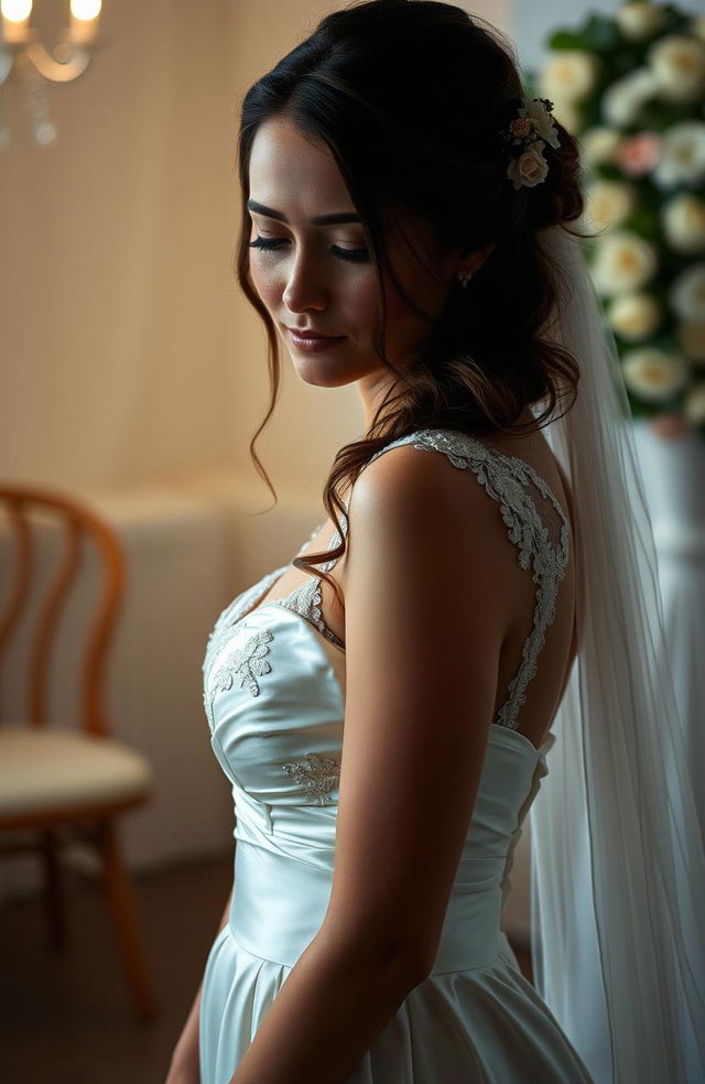 A beautiful, sad bride standing alone in a soft, dimly lit room