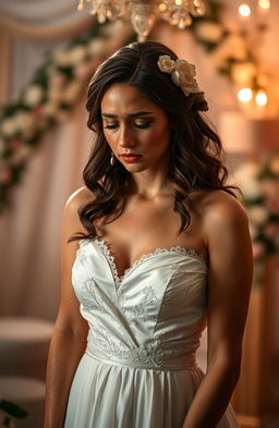 A beautiful, sad bride standing alone in a soft, dimly lit room
