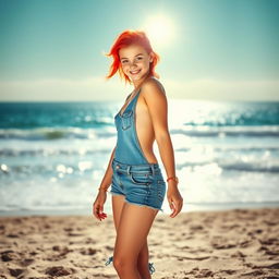 A stylish teenage girl with vibrant red hair, dressed in a trendy One Piece swimsuit which is creatively paired with her fashionable jeans