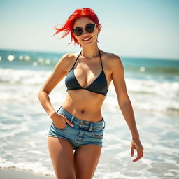 A stylish young woman with vibrant red hair, showcasing her playful personality, dressed in a trendy One Piece swimsuit layered underneath her casual jeans