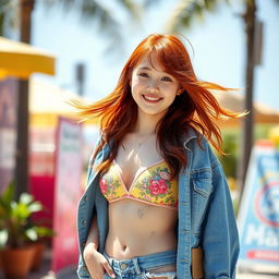 A stylish red-haired Korean girl wearing a trendy One Piece swimsuit that peeks out from under her slightly torn blue jeans