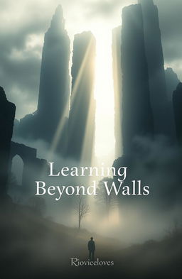 A mysterious scene set in an ethereal landscape with tall, towering ancient stone walls shrouded in fog