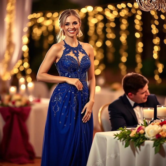 A beautiful woman wearing a stunning, fancy dress that shimmers with elegance, standing gracefully in a romantic setting, perhaps at a candlelit dinner