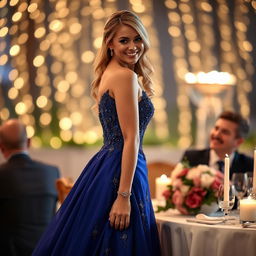 A beautiful woman wearing a stunning, fancy dress that shimmers with elegance, standing gracefully in a romantic setting, perhaps at a candlelit dinner