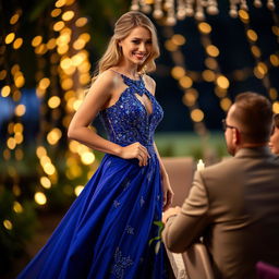A beautiful woman wearing a stunning, fancy dress that shimmers with elegance, standing gracefully in a romantic setting, perhaps at a candlelit dinner