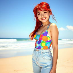 A stylish teen Korean girl with vibrant red hair wearing a colorful One Piece swimsuit that is peeking out from under her light blue jeans