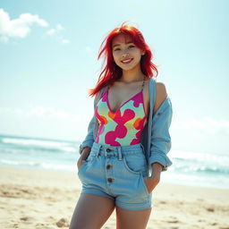 A stylish teen Korean girl with vibrant red hair wearing a colorful One Piece swimsuit that is peeking out from under her light blue jeans