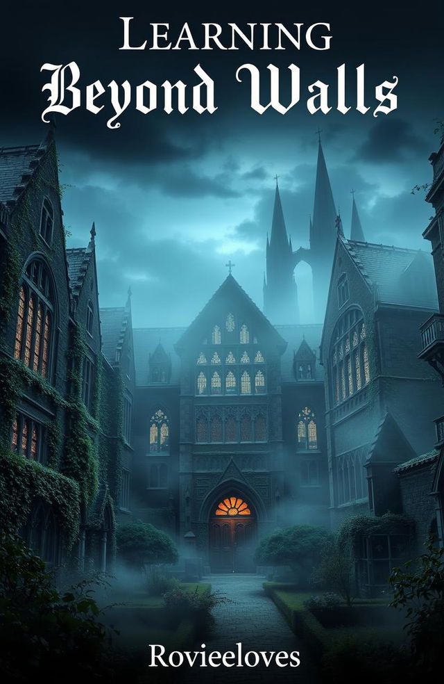 A mysterious university campus shrouded in mist, with gothic architecture and ivy-covered buildings, evoking a sense of intrigue and knowledge