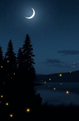 A serene nighttime scene with a soft, starry sky illuminated by a crescent moon