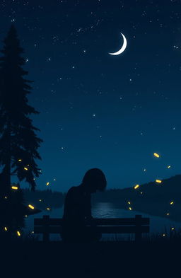 A serene nighttime scene with a soft, starry sky illuminated by a crescent moon
