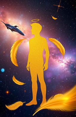 A shiny golden silhouette of a young man standing gracefully against a vast, starry universe filled with shimmering galaxies and nebulae