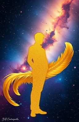 A shiny golden silhouette of a young man standing gracefully against a vast, starry universe filled with shimmering galaxies and nebulae