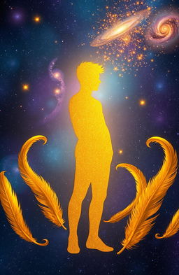A shiny golden silhouette of a young man standing gracefully against a vast, starry universe filled with shimmering galaxies and nebulae