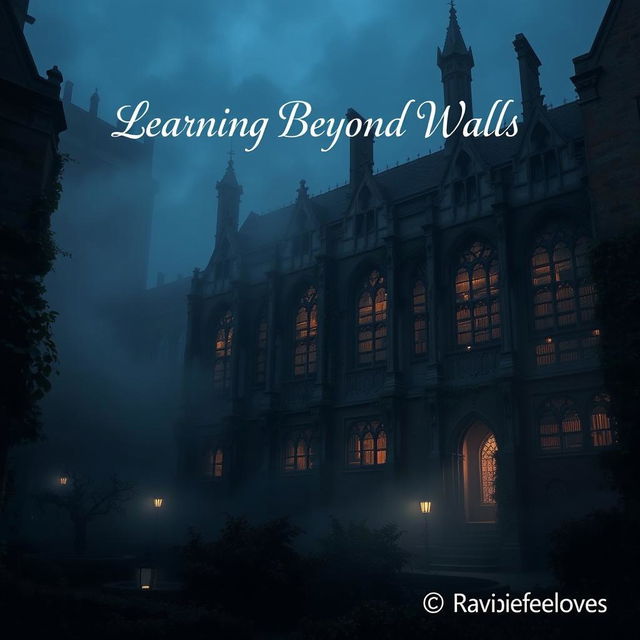 A mysterious university campus shrouded in mist, featuring gothic architecture with ivy-covered buildings and an air of intrigue