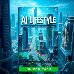 A visually striking book cover for 'AI Lifestyle: Embracing the Future with Intelligent Living' by Unicon Yash