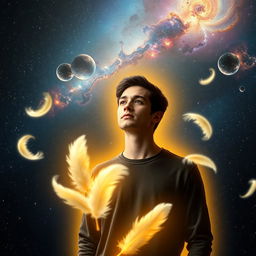 A shiny golden aura surrounding a young man, who stands confidently against a mesmerizing backdrop of the universe