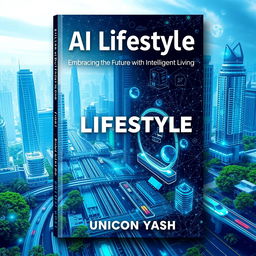 A visually striking book cover for 'AI Lifestyle: Embracing the Future with Intelligent Living' by Unicon Yash