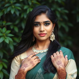 A stunning portrait of a beautiful Deshi woman with a curvaceous figure, showcasing a perfect blend of traditional attire and contemporary style