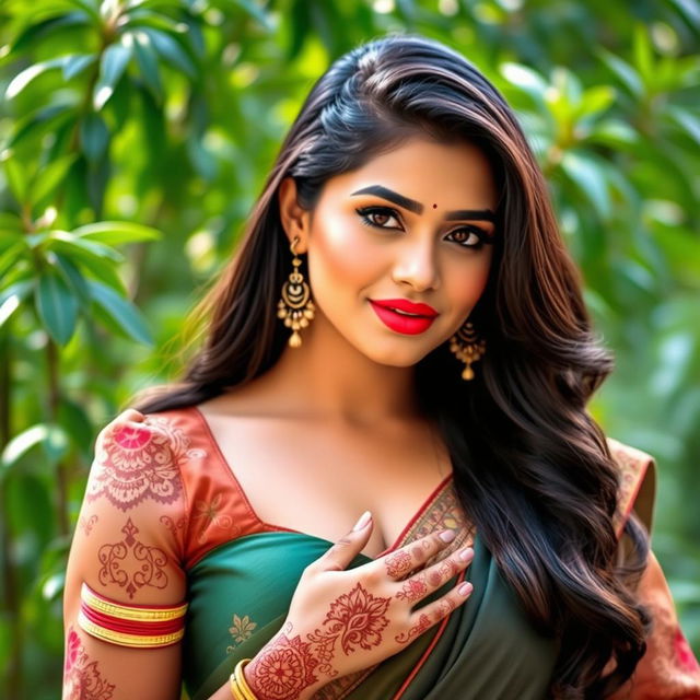 A stunning portrait of a beautiful Deshi woman with a curvaceous figure, showcasing a perfect blend of traditional attire and contemporary style