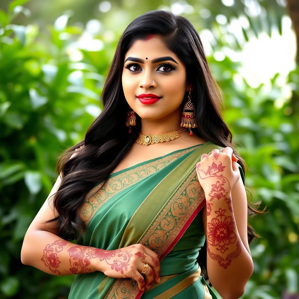 A stunning portrait of a beautiful Deshi woman with a curvaceous figure, showcasing a perfect blend of traditional attire and contemporary style