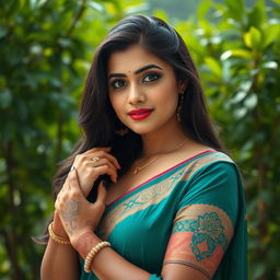 A stunning portrait of a beautiful Deshi woman with a curvaceous figure, showcasing a perfect blend of traditional attire and contemporary style