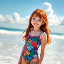 A cute, red-haired Korean girl wearing a stylish One Piece swimsuit, standing on a sunny beach with soft waves in the background