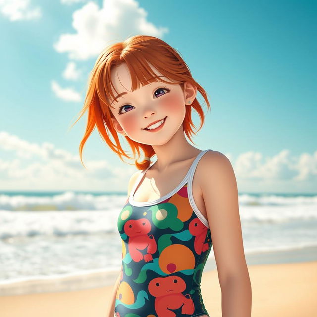 A cute, red-haired Korean girl wearing a stylish One Piece swimsuit, standing on a sunny beach with soft waves in the background