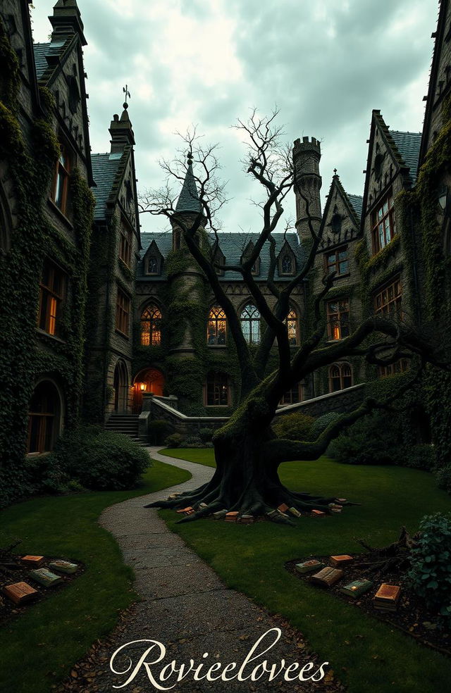 A mysterious and enchanting university campus resembling a gothic architecture, with ivy-covered buildings and hidden pathways