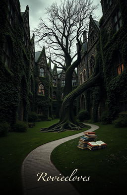 A mysterious and enchanting university campus resembling a gothic architecture, with ivy-covered buildings and hidden pathways