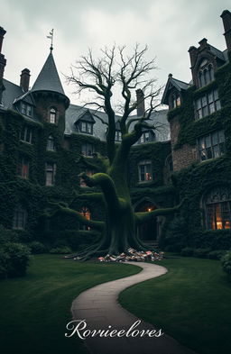 A mysterious and enchanting university campus resembling a gothic architecture, with ivy-covered buildings and hidden pathways