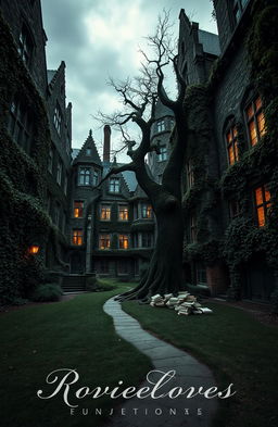 A mysterious and enchanting university campus resembling a gothic architecture, with ivy-covered buildings and hidden pathways