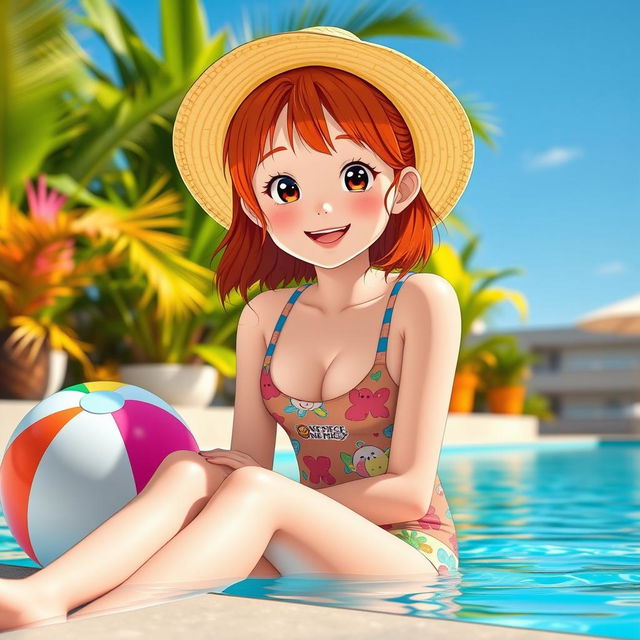 A cute Korean girl with red hair, wearing a stylish One Piece swimsuit, sitting by a pool, enjoying a sunny day