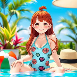 A cute Korean girl with red hair, wearing a stylish One Piece swimsuit, sitting by a pool, enjoying a sunny day