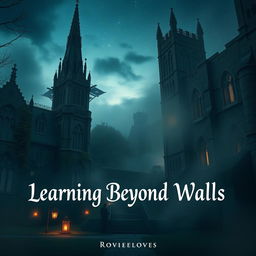 A mysterious university campus shrouded in fog with towering gothic architecture, dark, ornate towers, and ancient stone walls