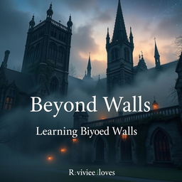A mysterious university campus shrouded in fog with towering gothic architecture, dark, ornate towers, and ancient stone walls