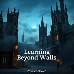 A mysterious university campus shrouded in fog with towering gothic architecture, dark, ornate towers, and ancient stone walls