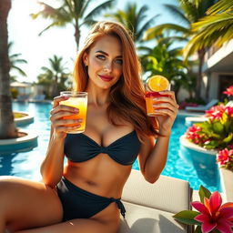 A beautiful woman in her late 20s, with long flowing auburn hair and bright green eyes, relaxing on a sunbed by a sparkling blue swimming pool
