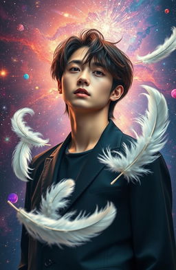 A stunning portrait of Taehyung, also known as V from BTS, standing gracefully against a majestic cosmic backdrop filled with vibrant galaxies, twinkling stars, and deep space elements