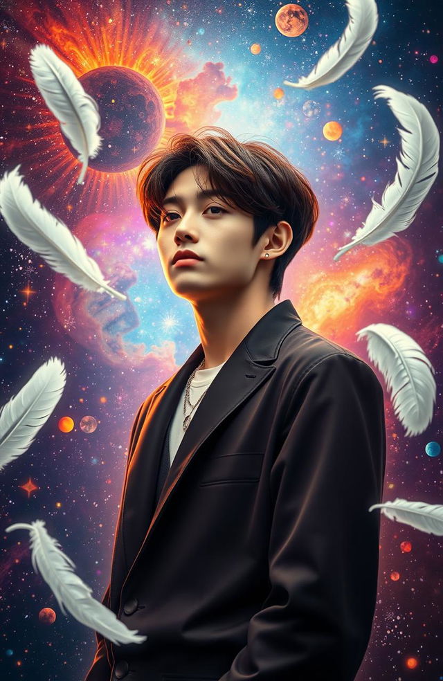 A stunning portrait of Taehyung, also known as V from BTS, standing gracefully against a majestic cosmic backdrop filled with vibrant galaxies, twinkling stars, and deep space elements