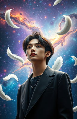 A stunning portrait of Taehyung, also known as V from BTS, standing gracefully against a majestic cosmic backdrop filled with vibrant galaxies, twinkling stars, and deep space elements
