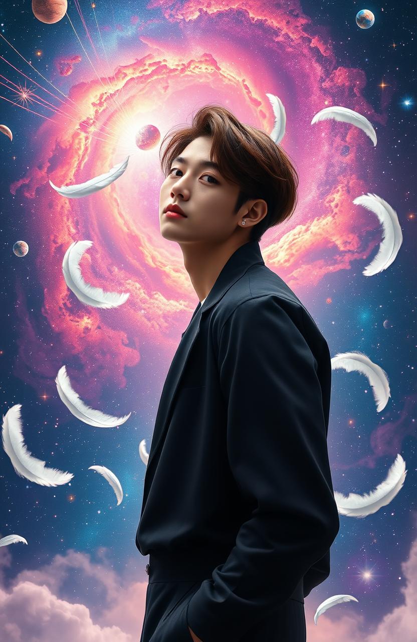 A stunning portrait of Taehyung, also known as V from BTS, standing gracefully against a majestic cosmic backdrop filled with vibrant galaxies, twinkling stars, and deep space elements