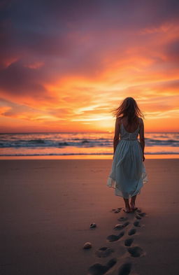 A visually striking representation of loneliness, featuring a solitary figure standing on a windswept beach at sunset