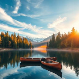 A stunning landscape of a serene mountain lake surrounded by towering pine trees