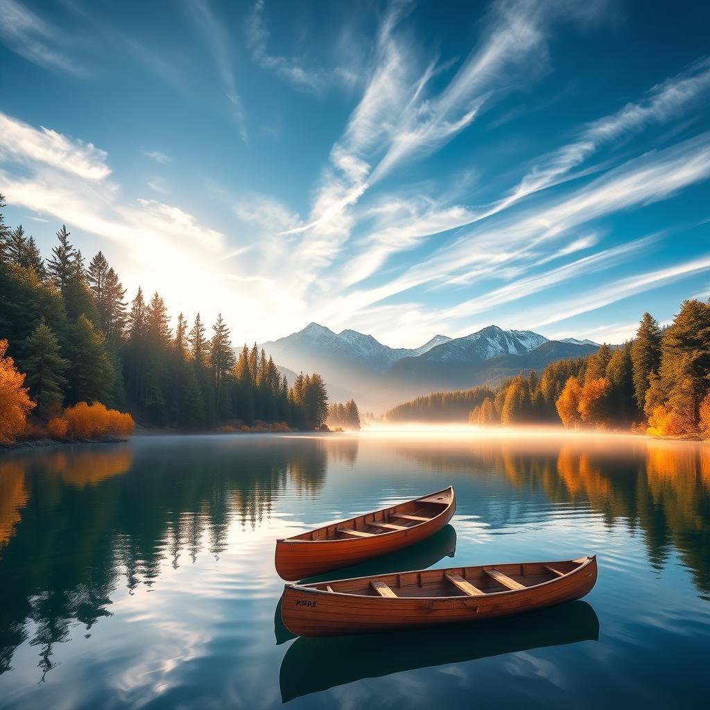 A stunning landscape of a serene mountain lake surrounded by towering pine trees