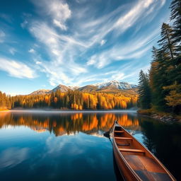 A stunning landscape of a serene mountain lake surrounded by towering pine trees